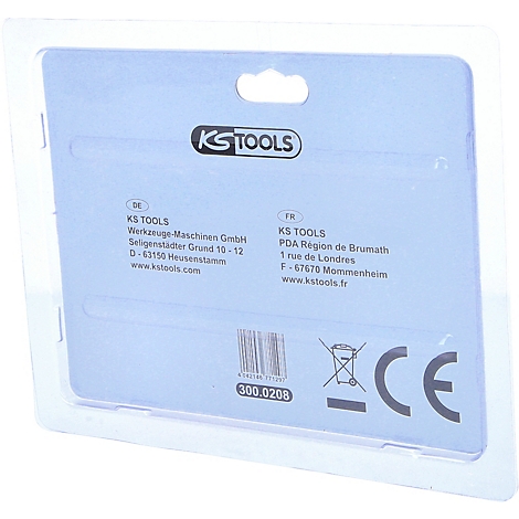 Rückseite einer KS Tools Verpackung. Blaues Papier mit Text und Logos, in transparenter Blisterverpackung. CE-Zeichen.